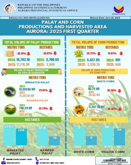 Palay and Corn Productions and Harvested Area Aurora: 2025 First Quarter